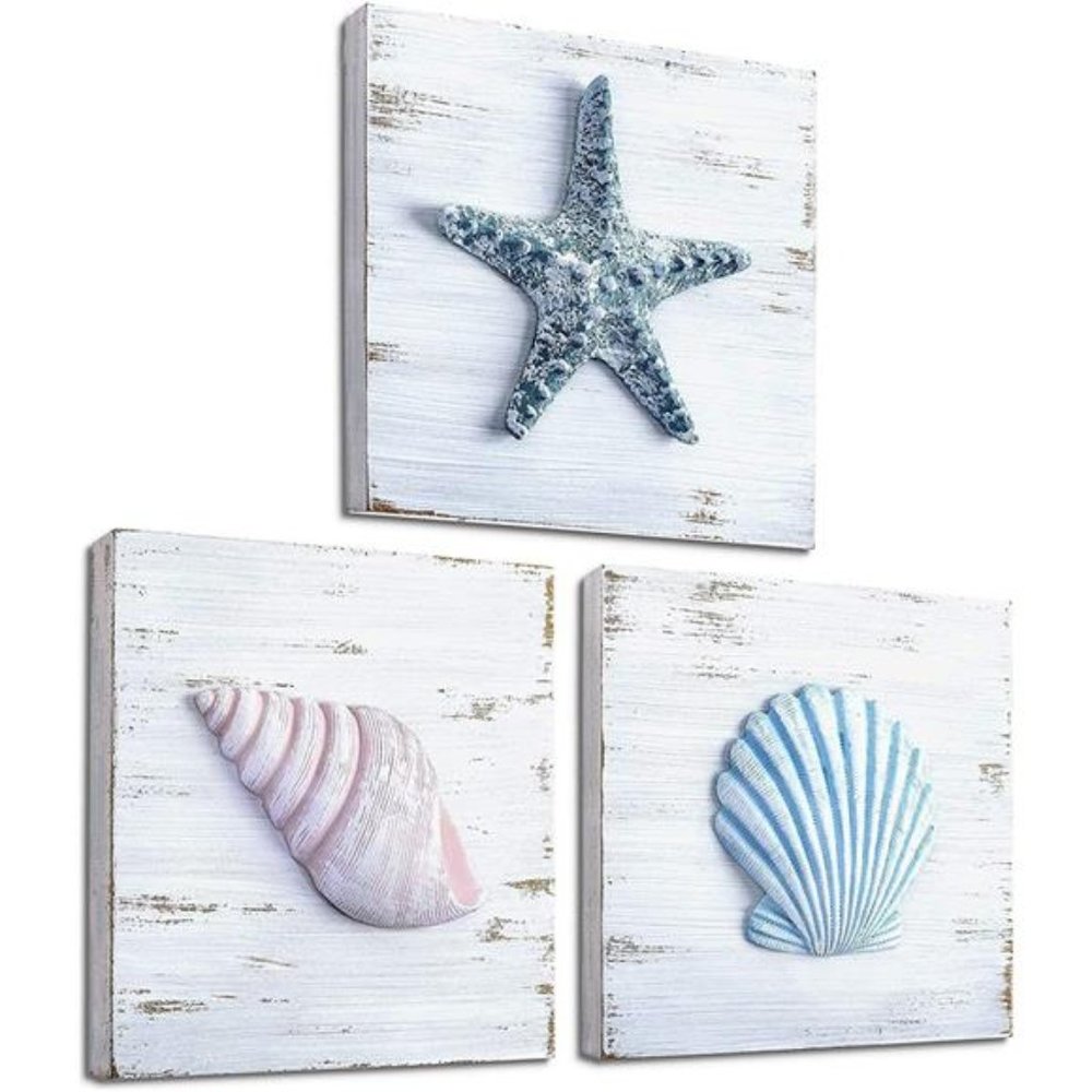 3D Seashell Art - Set of 3, 6”x6” Beach Wall Decor for Bathroom, Hand-Painted